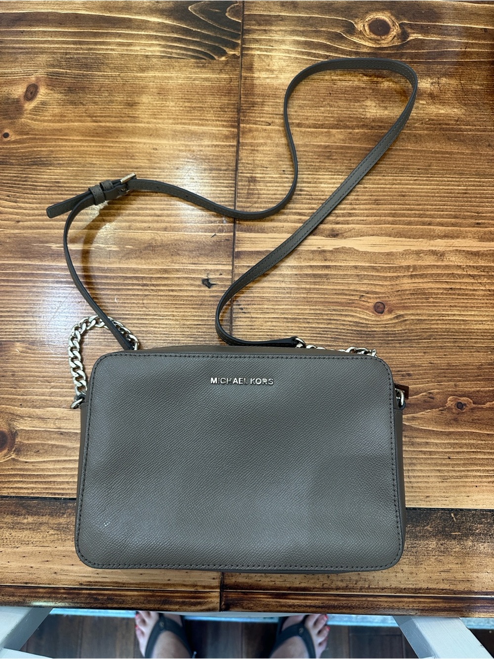 Michael Kors Taupe Leather Crossbody with Chain Accent